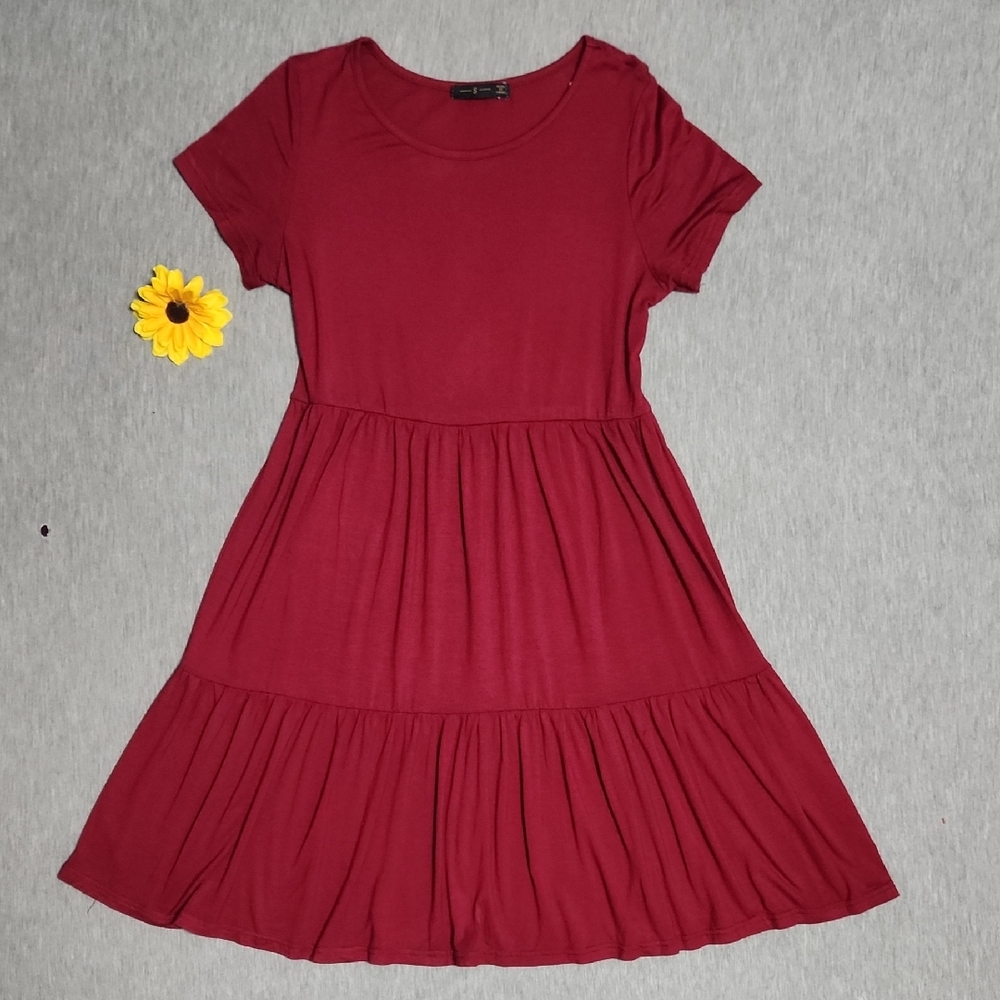 🔴 Casual Everyday Boxy Babydoll Tiered T-Shirt Skater Mini Midi Dress